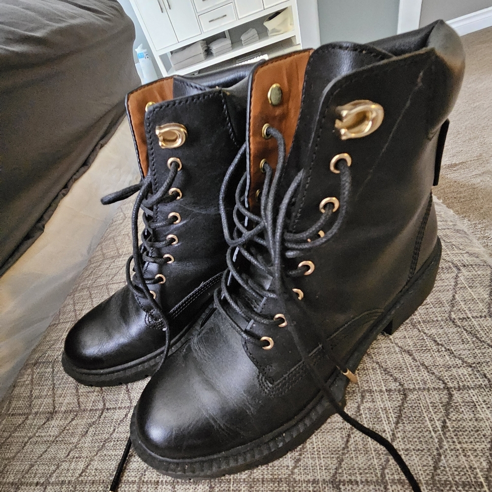 Coach Black Leather Lace-Up Boots